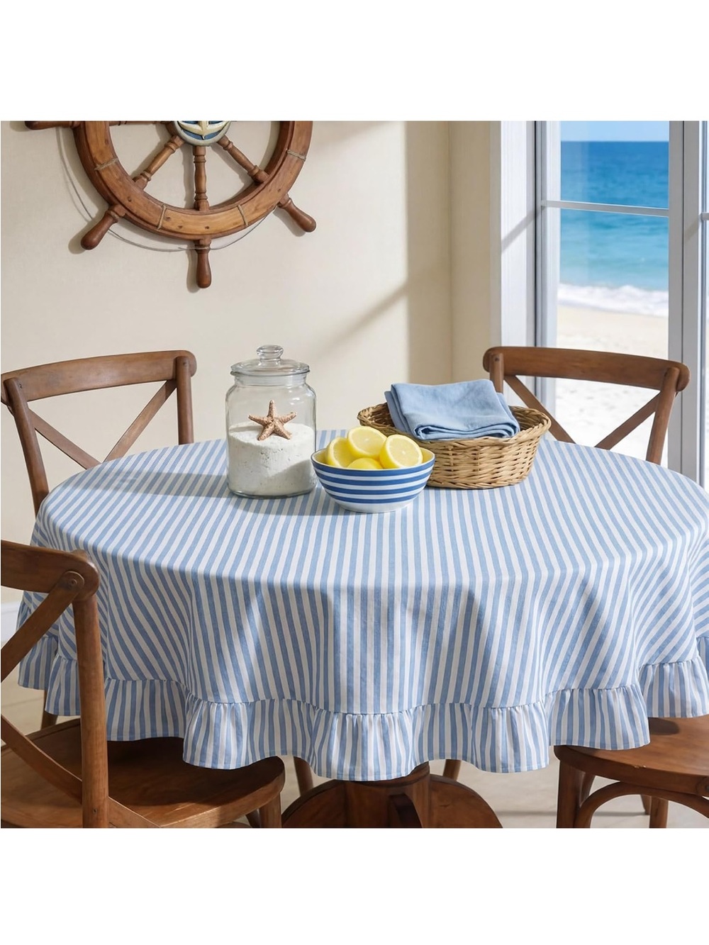NEW Frienda Blue Stripe Ruffle Table Cloth Farmhouse
